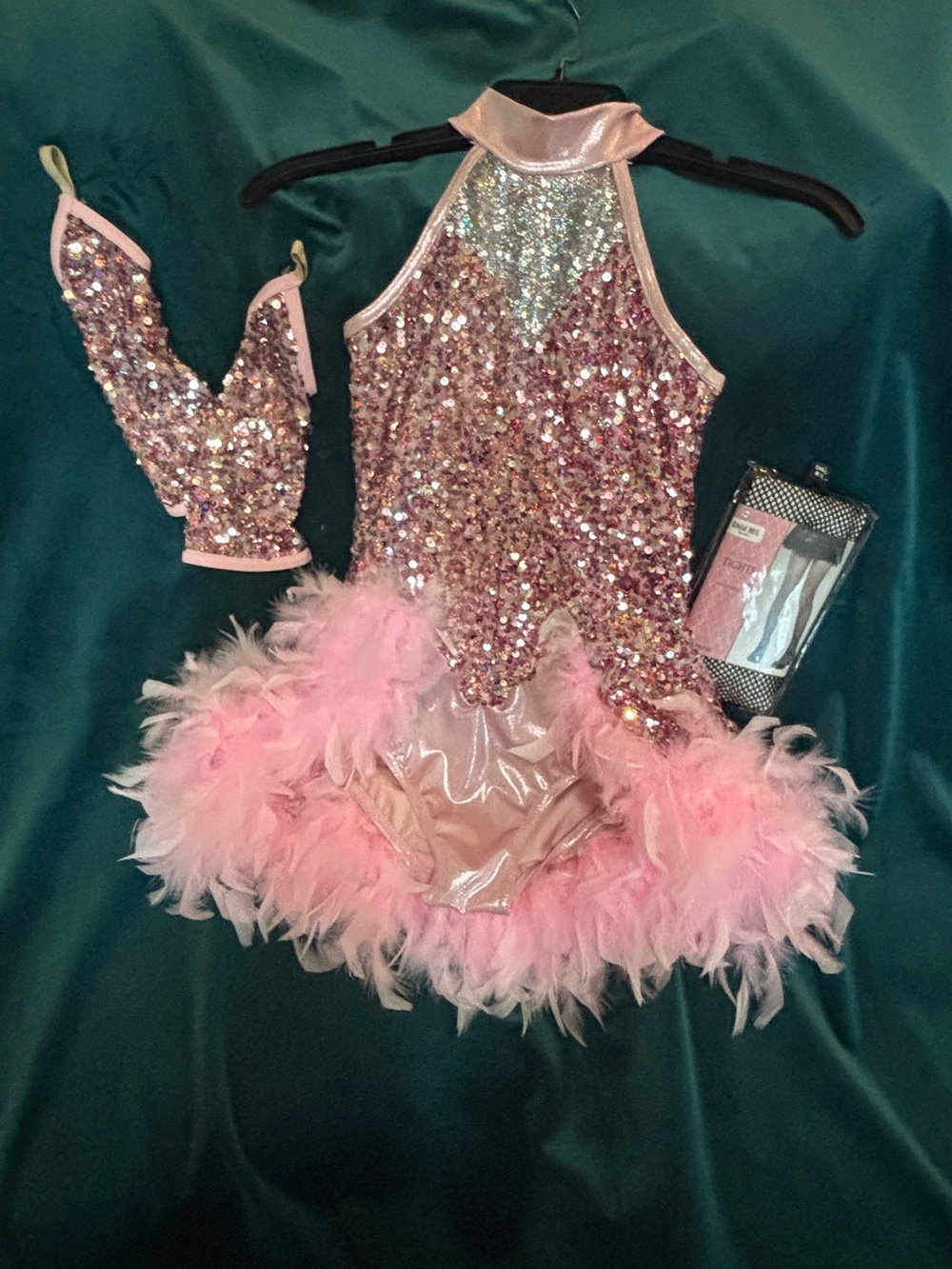 Weissman Pink Sequin Feather Halter Dance Costume